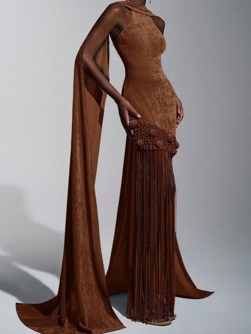 Brown Elegant Romantic Women's Velvet Tassel Sequin Evening Dress
